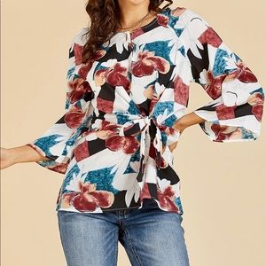 Floral side tie-accent & 1 button open style neck